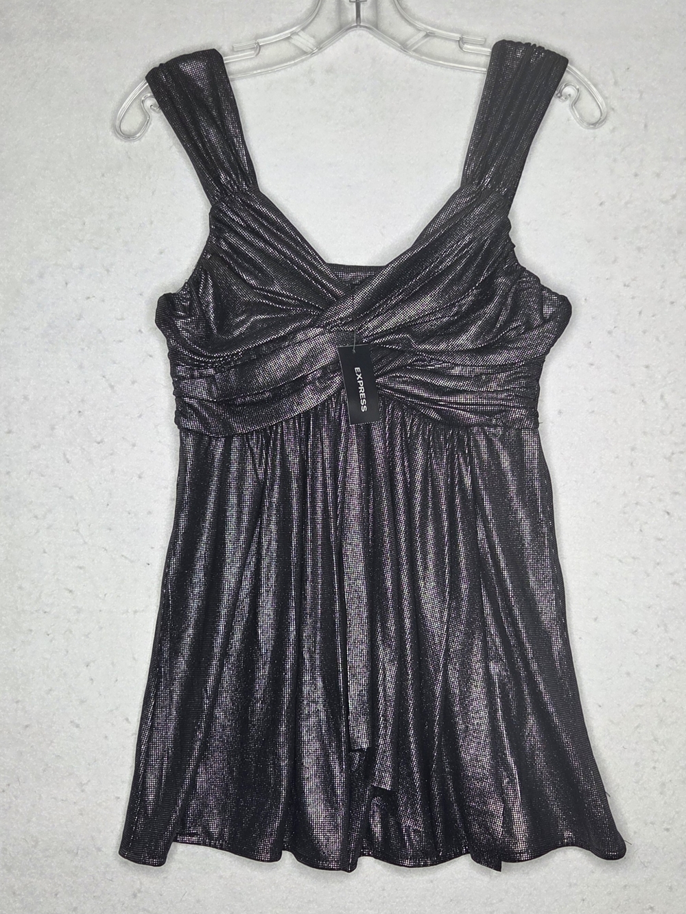 Express NWT Black Metallic Baby Doll Tank Top Small Y2K Glam McBling Peplum Cami
